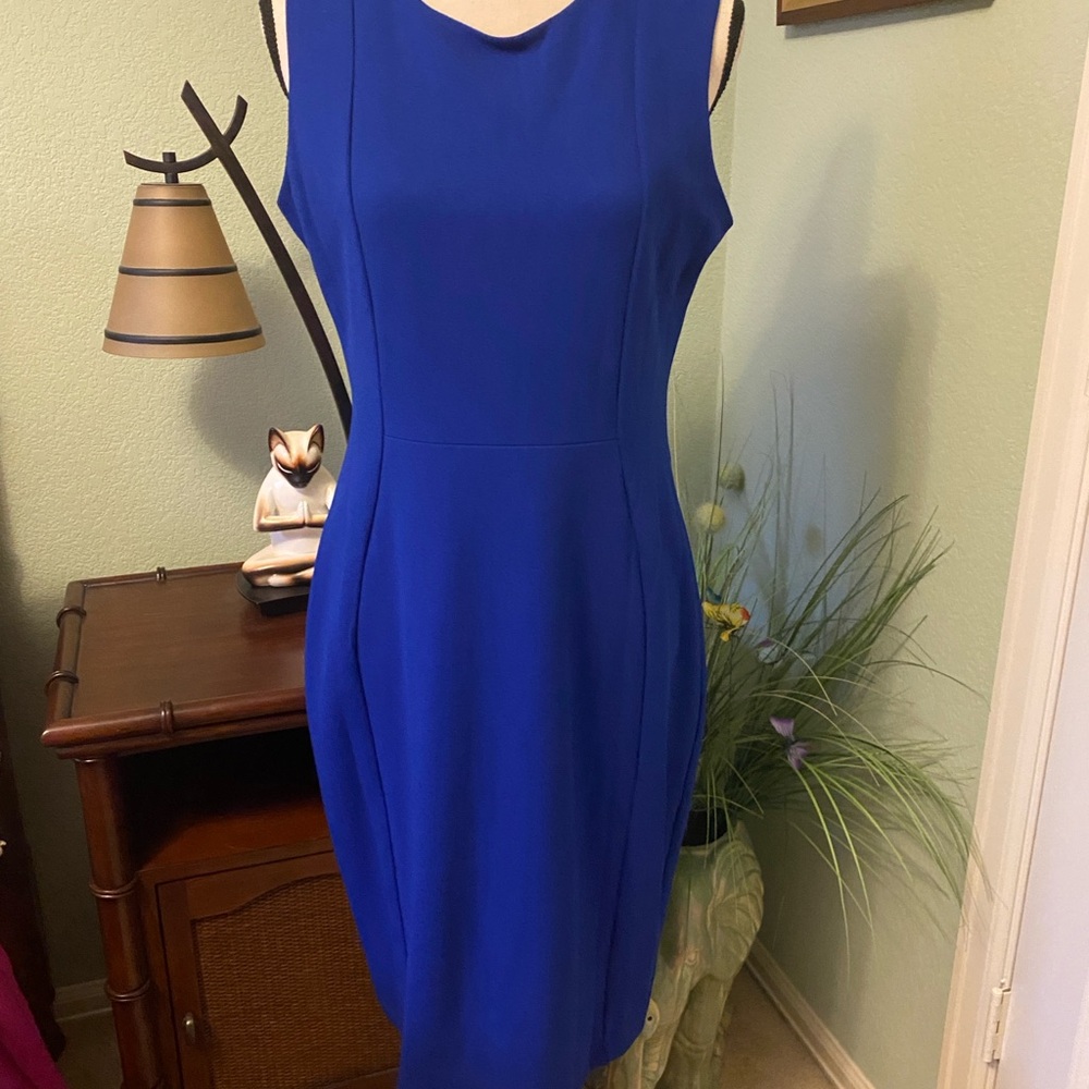 NWOT MARINA Blue Sheath Midi Dress Scoop Neck Sleeveless